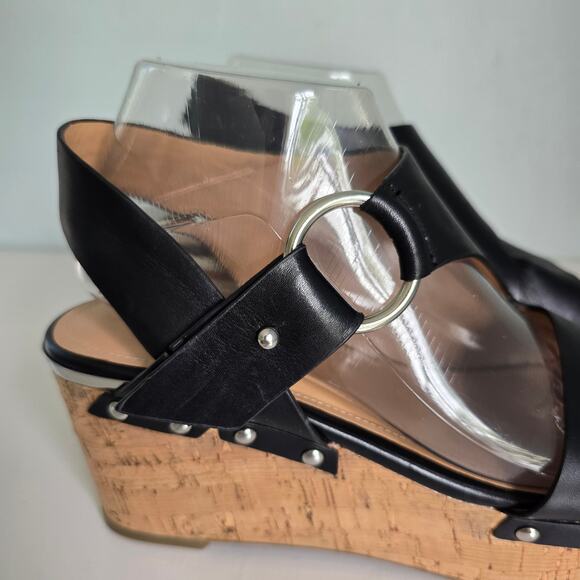 Marc Fisher Rana Wedge Platform Sandals Women's 8M Black Leather Cork Boho - Picture 2 of 12